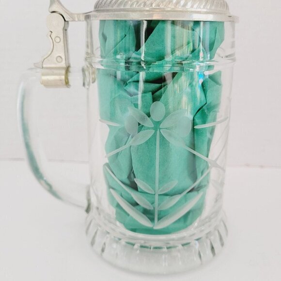Vintage BFM-N West Germany Etched Crystal Clear Glass Beer Stein Pewter Lid - Picture 9 of 11